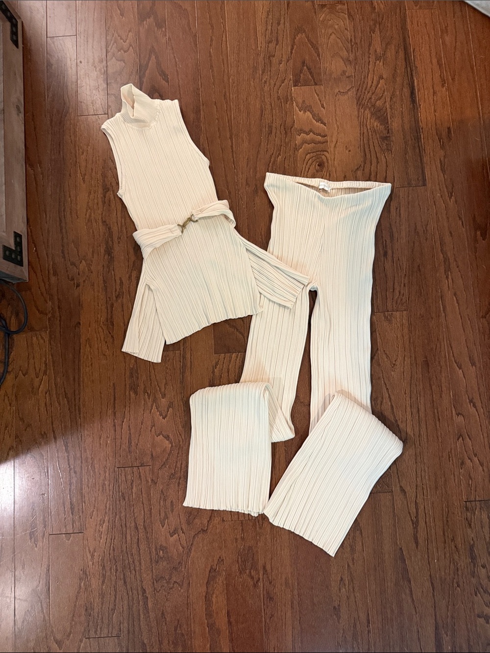 Meshki Cream Ribbed Wide-Leg Jumpsuit Set
